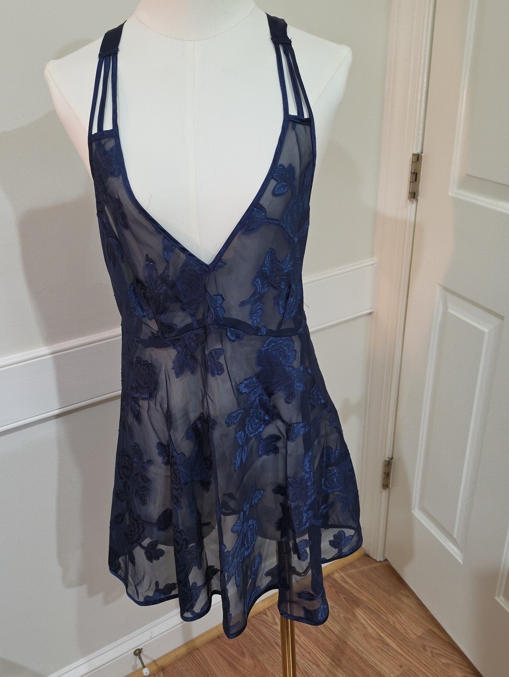 Vintage Y2K Angelique Sheer Floral Embroidered Babydoll Slip Dress - Size L